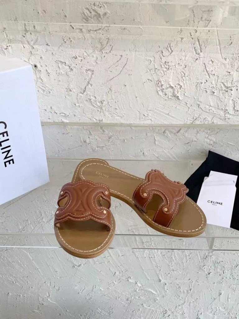Celine Brown Triomphe Embossed Leather Slide Sandals Flat Mules